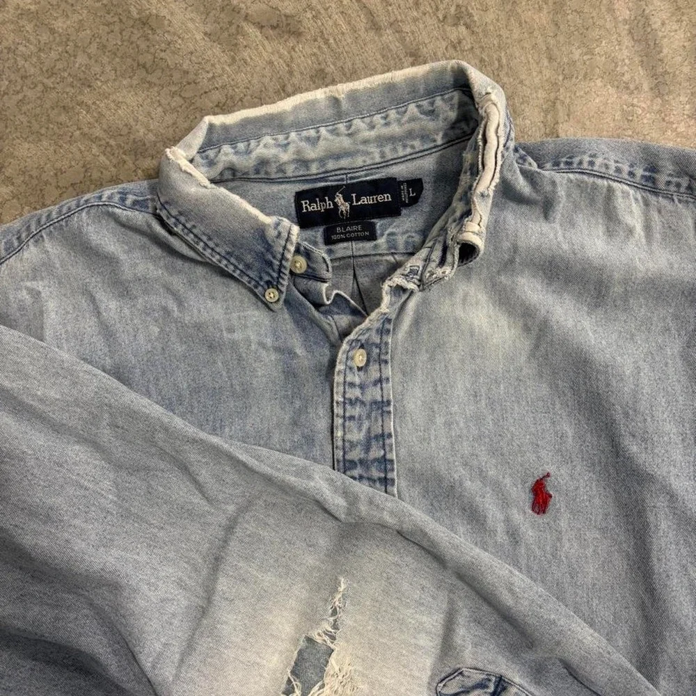 Polo Ralph Lauren Distressed Denim Button Up Jean Jacket Elbow Patches Large